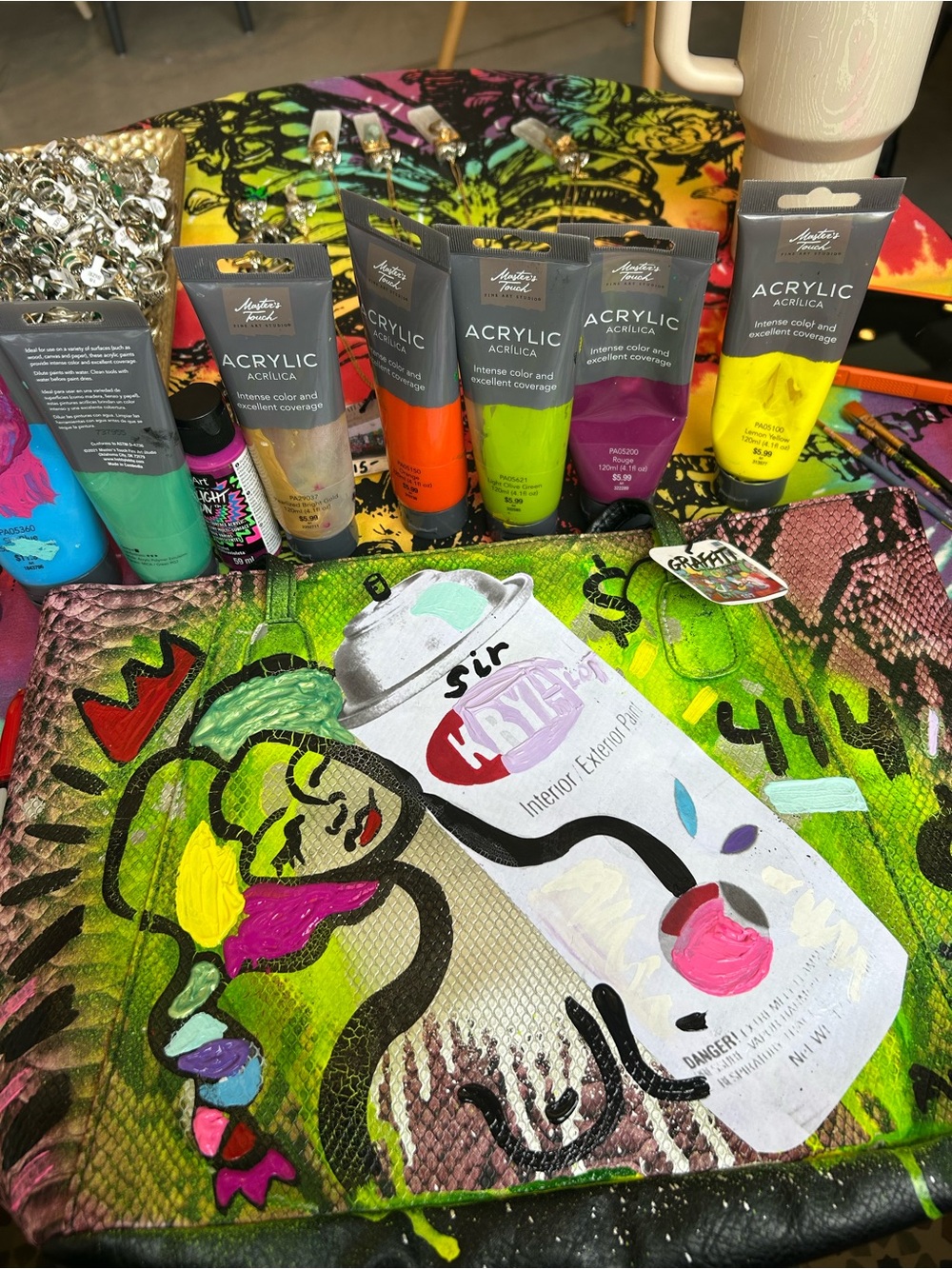 Graffiti Spray-Print Tote Bag in Green and Pink Snakeskin